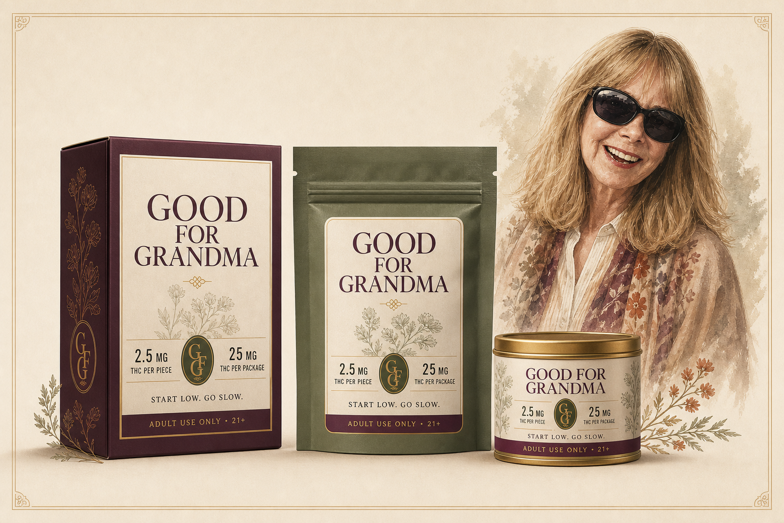 Editorial apothecary packaging direction with portrait, pouch, carton and tin