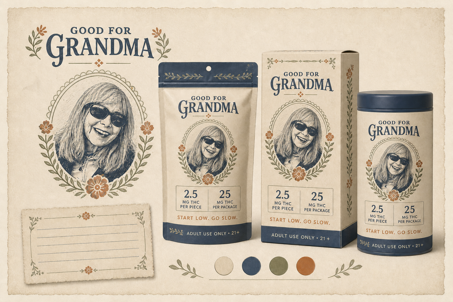 Family recipe illustration packaging direction with engraved portrait and product family