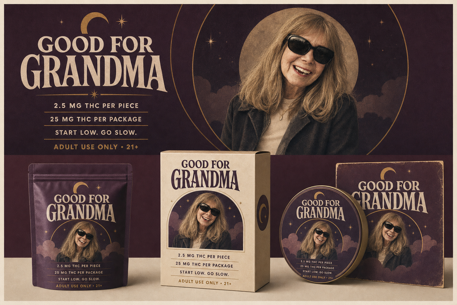 Vintage record sleeve packaging direction with nighttime portrait and product family