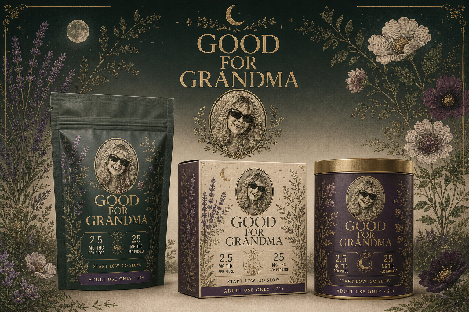 Botanical night garden packaging direction with engraved portrait and product family