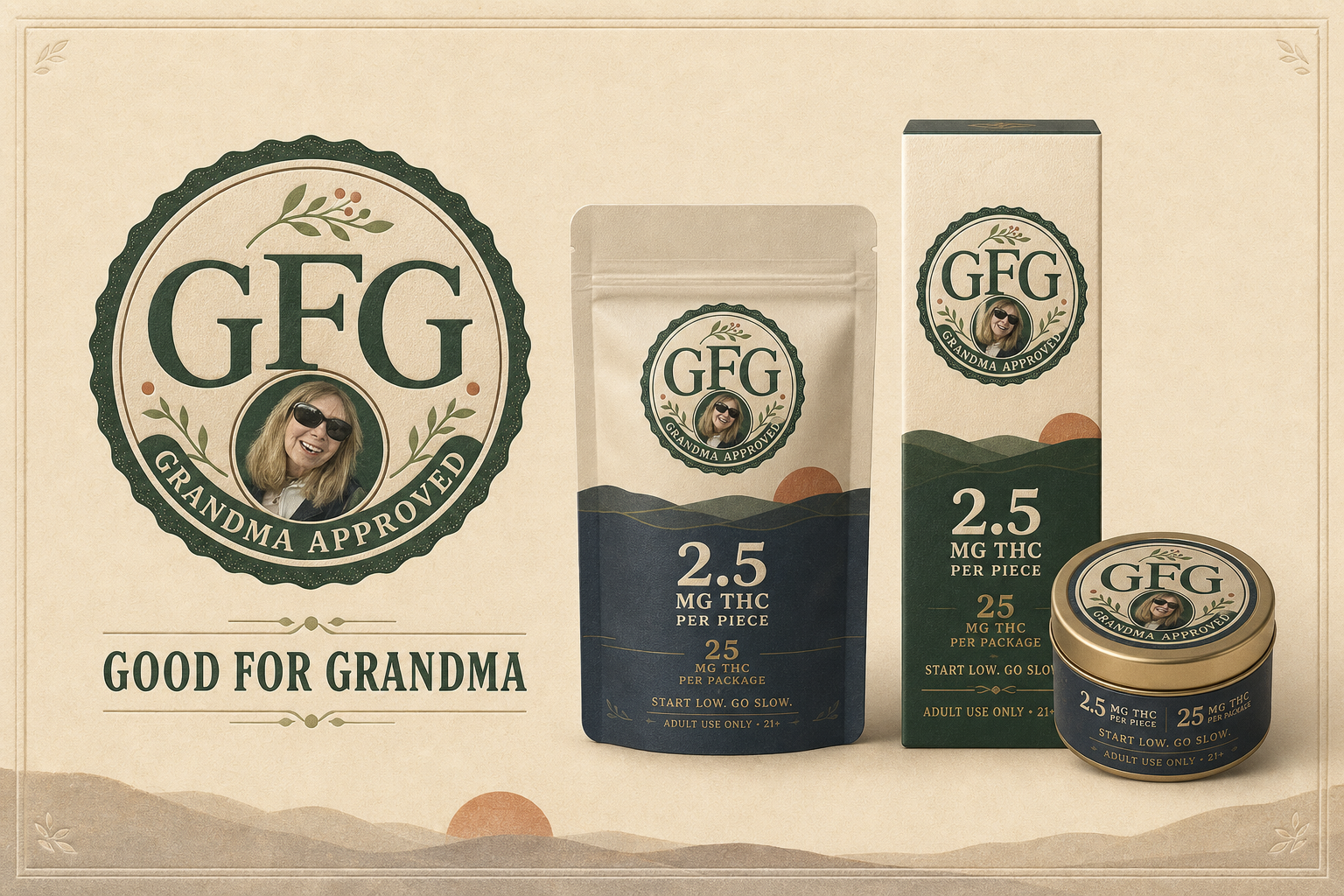 Family seal packaging direction with GFG badge, pouch, carton and tin